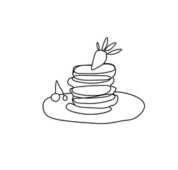 Vector pancake plate with a black line. Simple food and cooking illustration in doodle style on a white isolated background hand drawn. Design for web,advertising,banners,menus,recipes.