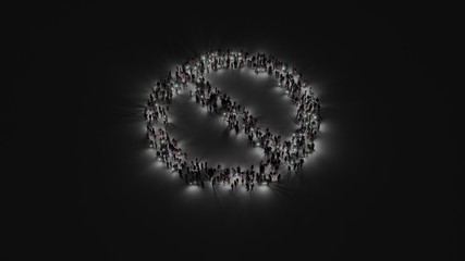 3d rendering of crowd of people with flashlight in shape of symbol of ban on dark background