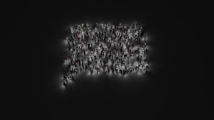 3d rendering of crowd of people with flashlight in shape of symbol of black bubble speech on dark background