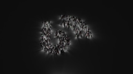 3d rendering of crowd of people with flashlight in shape of symbol of blog on dark background