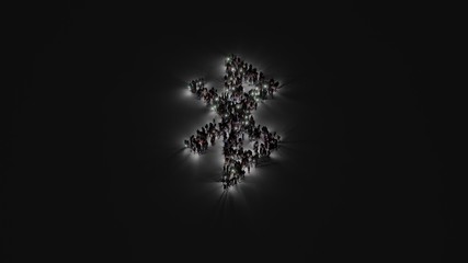 3d rendering of crowd of people with flashlight in shape of symbol of Bluetooth on dark background
