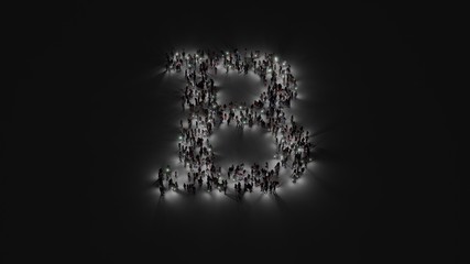 3d rendering of crowd of people with flashlight in shape of symbol of bold on dark background