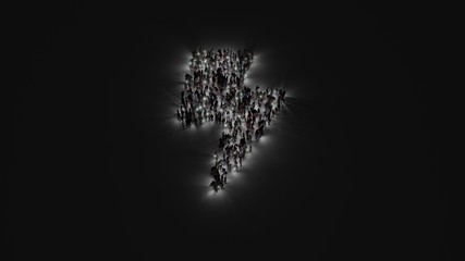 3d rendering of crowd of people with flashlight in shape of symbol of bolt of lightning on dark background
