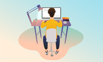 A young guy works at home at the table. Computer work. Freelance, online education, social media concept. Vector illustration, new fresh design. Cozy interior, bright workplace.