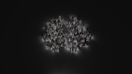 3d rendering of crowd of people with flashlight in shape of symbol of brain on dark background
