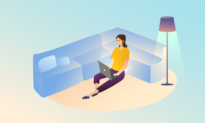 Work from home, remote work concept. A girl sits near the sofa with a laptop and watches lessons online. Distance learning. New fresh design.