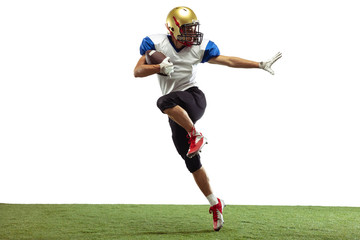 Fototapeta na wymiar In jump, flight. American football player isolated on white studio background with copyspace. Professional sportsman during game playing in action and motion. Concept of sport, movement, achievements.