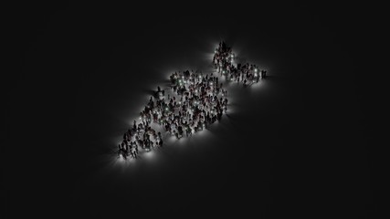 3d rendering of crowd of people with flashlight in shape of symbol of carrot on dark background