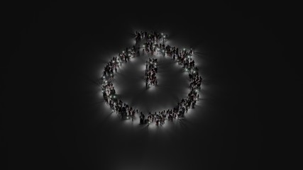 3d rendering of crowd of people with flashlight in shape of symbol of stopwatch on dark background