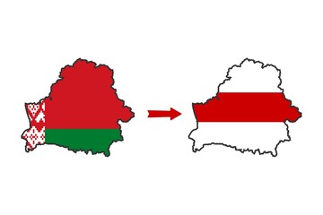 Obraz premium Belarus map. Concept of changes in country. Old soviet flag replaced on a new national flag. Coup in Minsk. Vector illustration isolated on white background.