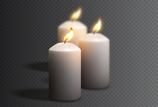 Realistic white candles isolated on checkered background. Vector illustration with 3d burning white candles isolated on checkered background.