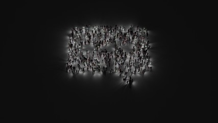 3d rendering of crowd of people with flashlight in shape of symbol of rounded chat bubble on dark background