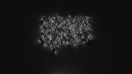 3d rendering of crowd of people with flashlight in shape of symbol of rounded chat bubble on dark background