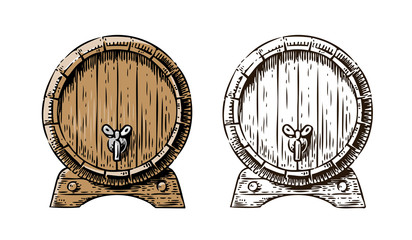 Wooden barrel with faucet sketch. Hand drawn vintage vector illustration