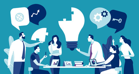 Manager holds a missing part of bulb. Solution of a problem. Light bulb as a symbol of new idea. Vector illustration..