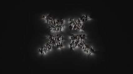 3d rendering of crowd of people with flashlight in shape of symbol of compress arrows on dark background