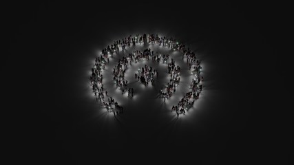 3d rendering of crowd of people with flashlight in shape of symbol of connection on dark background