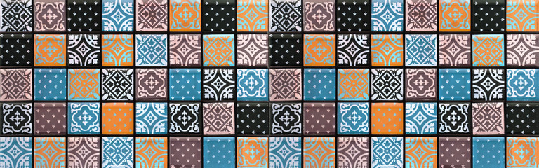 Colorful abstract blue orange ( complementary colors ) vintage retro geometric square mosaic motif...