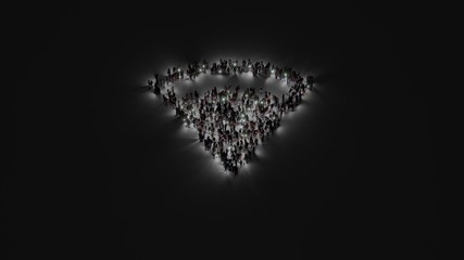 3d rendering of crowd of people with flashlight in shape of symbol of connection on dark background © Destrosvet