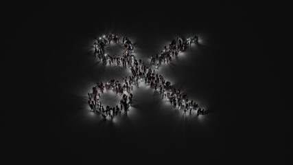 3d rendering of crowd of people with flashlight in shape of symbol of cut on dark background