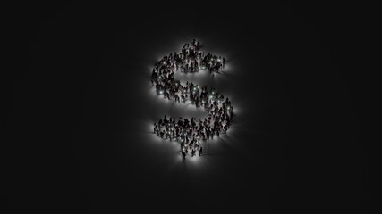 3d rendering of crowd of people with flashlight in shape of symbol of dollar sign on dark background