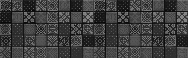 Black anthracite gray grey vintage retro geometric square mosaic motif cement tiles texture...