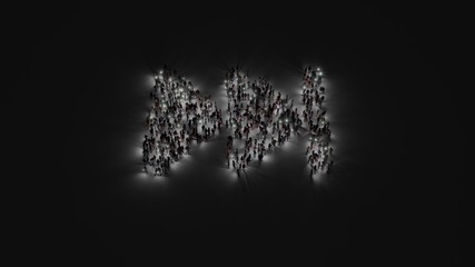 3d rendering of crowd of people with flashlight in shape of symbol of fast forward on dark background