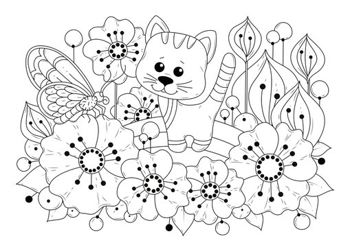 Horizontal coloring page for children and adults. Vector illustration with flowers, butterfly and cartoon kitten. Black-white background for coloring, printing on fabric or paper.