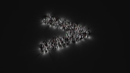 3d rendering of crowd of people with flashlight in shape of symbol of greater than on dark background