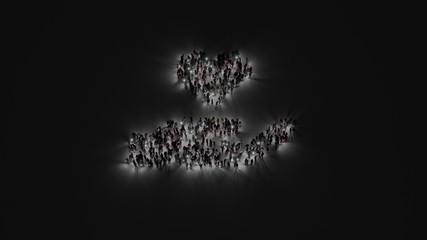 3d rendering of crowd of people with flashlight in shape of symbol of hand holding heart on dark background