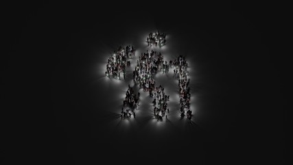 3d rendering of crowd of people with flashlight in shape of symbol of hiking on dark background