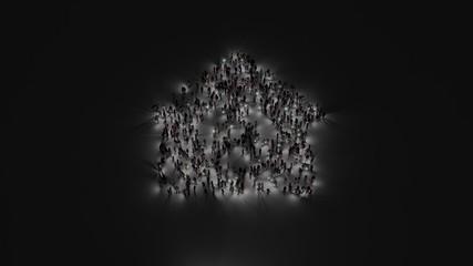 3d rendering of crowd of people with flashlight in shape of symbol of house on dark background