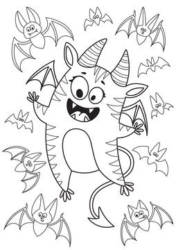 Doodle halloween coloring book page cute monster. Antistress for adults and children. Vector black and white illustrarion