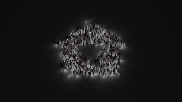 3d Rendering Of Crowd Of People With Flashlight In Shape Of Symbol Of House On Dark Background