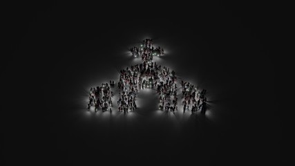 3d rendering of crowd of people with flashlight in shape of symbol of church on dark background