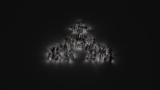 3d Rendering Of Crowd Of People With Flashlight In Shape Of Symbol Of Church On Dark Background