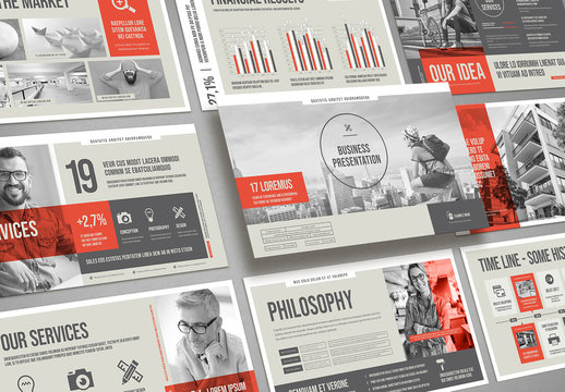 Business Presentation Layout in Beige and Gray with Red Accents
