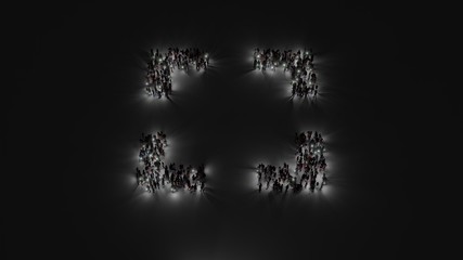 Fototapeta na wymiar 3d rendering of crowd of people with flashlight in shape of symbol of interface on dark background