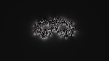 3d rendering of crowd of people with flashlight in shape of symbol of mask on dark background