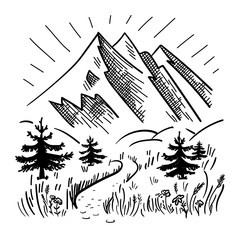 Fototapeta premium Hand drawn mountain landscape with road, spruces and grass. Monochrome landscape.