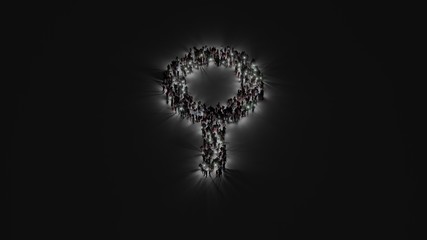 3d rendering of crowd of people with flashlight in shape of symbol of neuter on dark background