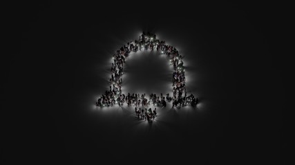 3d rendering of crowd of people with flashlight in shape of symbol of notifications bell button on dark background