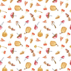 Autumn seamless pattern with pumpkins, mushroom, berry, acorn to create a fabric background, scrapbook paper, kids wallpaper, Halloween greeting card. Perfect for kids textile, clothes