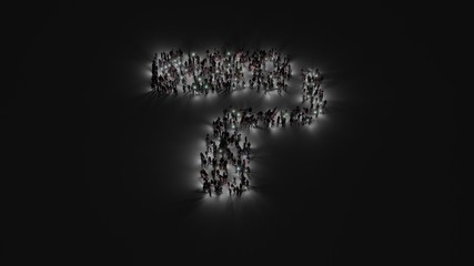 3d rendering of crowd of people with flashlight in shape of symbol of paint roller on dark background