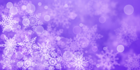 Christmas background of blurry snowflakes in purple colors