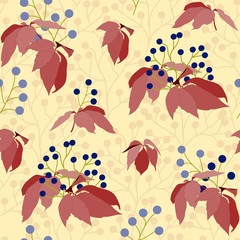 Fototapeta na wymiar Autumn seamless pattern with berries and leaves on a yellow background. Bright vector texture in red, brown and yellow colors for fabric, home textiles and paper.