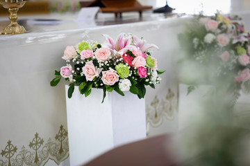 Flowers decoration in the church for wedding ceremony.