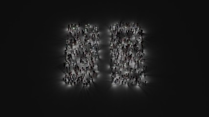 3d rendering of crowd of people with flashlight in shape of symbol of pause on dark background