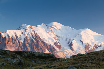 Views of the Mont Blanc masiv during sunrise. Popular tourist attraction. Picturesque and gorgeous scene. Location place Nature Reserve Aiguilles Rouges, Graian Alps, France, Europe. Beauty world.