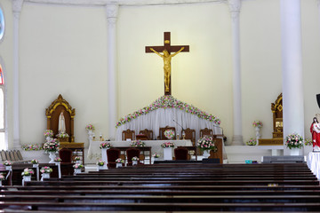 Flowers decoration in the church for wedding ceremony.